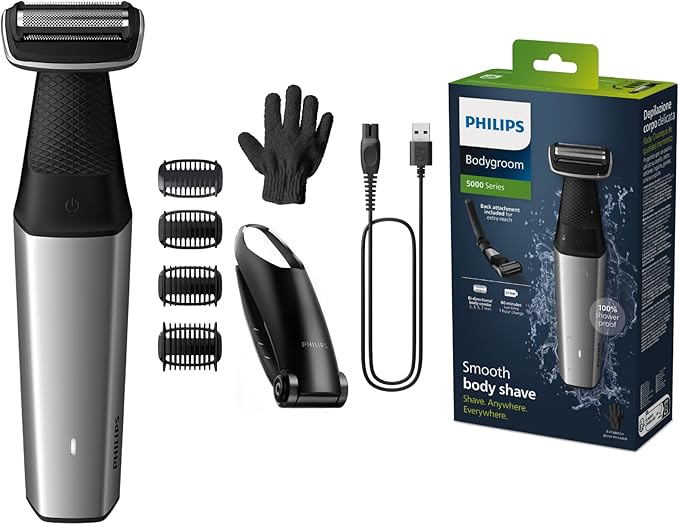 Philips BG5021/16 Male Body Shaver, Bodygroom 5000 Series, with Back Adapter, Waterproof, with 4 Combs Guide, 60 min Autonomy, Black/Silver
