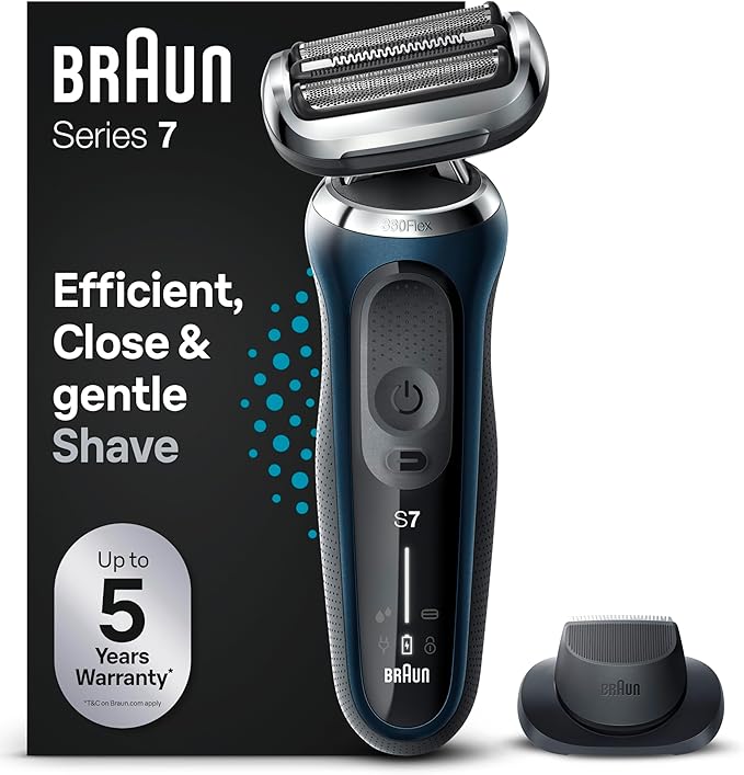 Braun Series 7 Men's Electric Shaver, Beard Shaver with EasyClick Precision Trimmer, 360° Flex, Dry and Wet Use, Rechargeable, Wireless, 71-B1200s, Blue