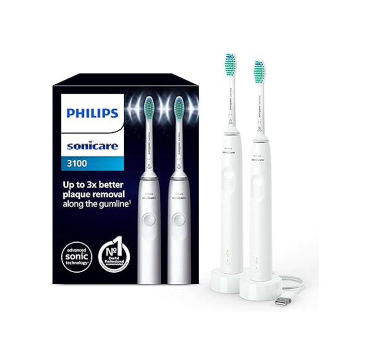 Philips Sonicare 3100 Electric Toothbrush, Sonic Toothbrush, Pressure Sensor and Timer, White, Dual Pack, Model HX3675/13